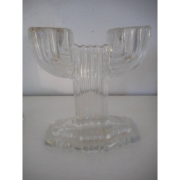 Set of 2 Vintage Anchor Hocking Queen Mary Clear Cactus Art Deco Candleholders - Picture 2 of 6